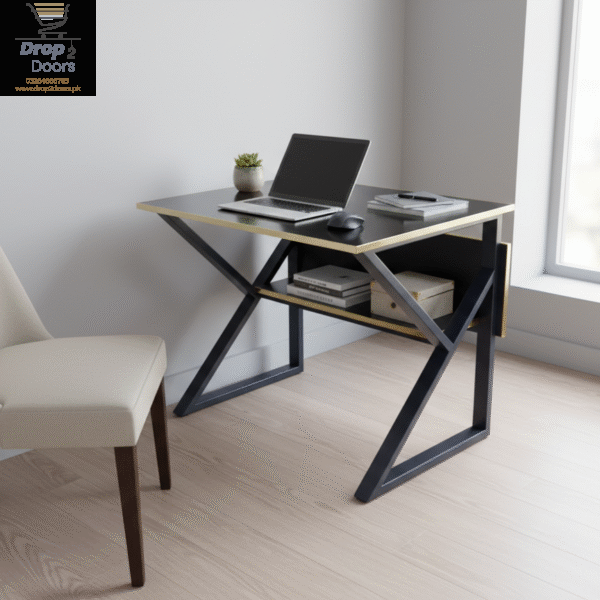 Modern Executive Study & Office Desk – Glossy Black & Gold