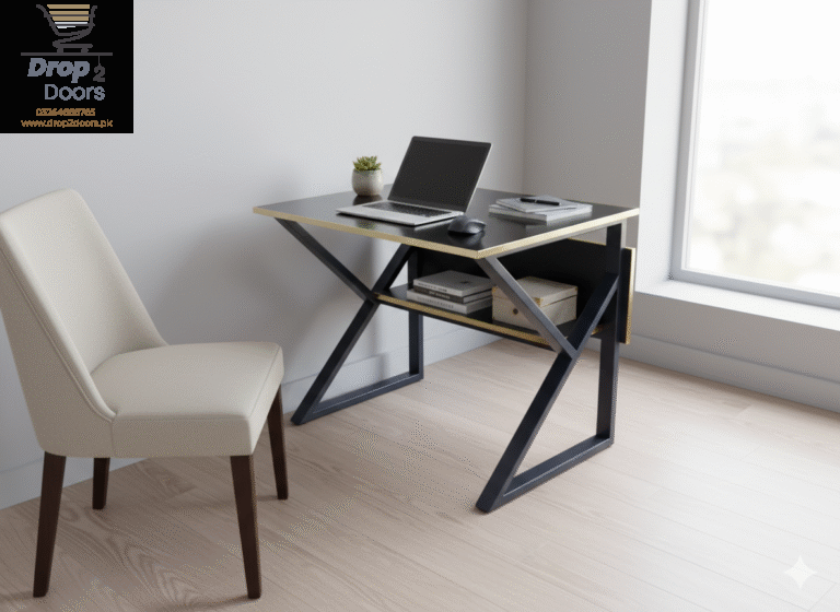 Modern Executive Study & Office Desk – Glossy Black & Gold
